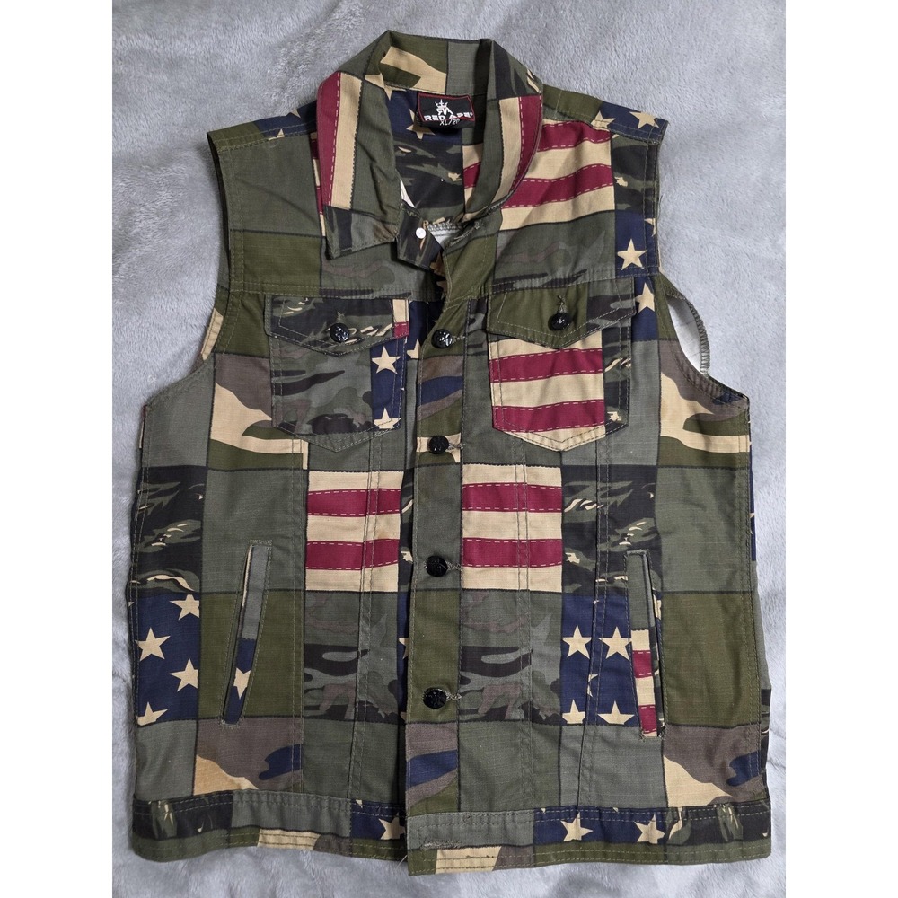 Red Ape Mens XL Camo American Flag Military Vest Cotton Button Front Patchwork